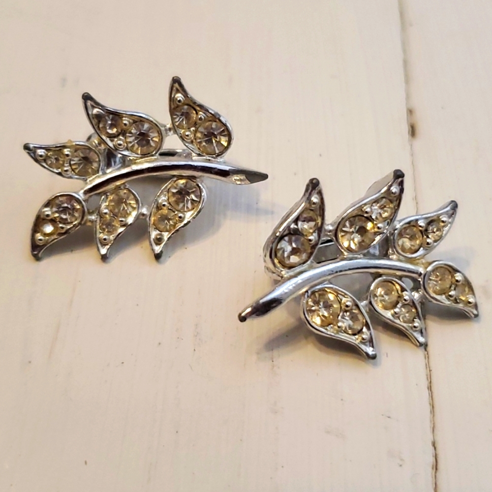 Antique Costume Jewelry Clip On Earrings, Silver and Crystal